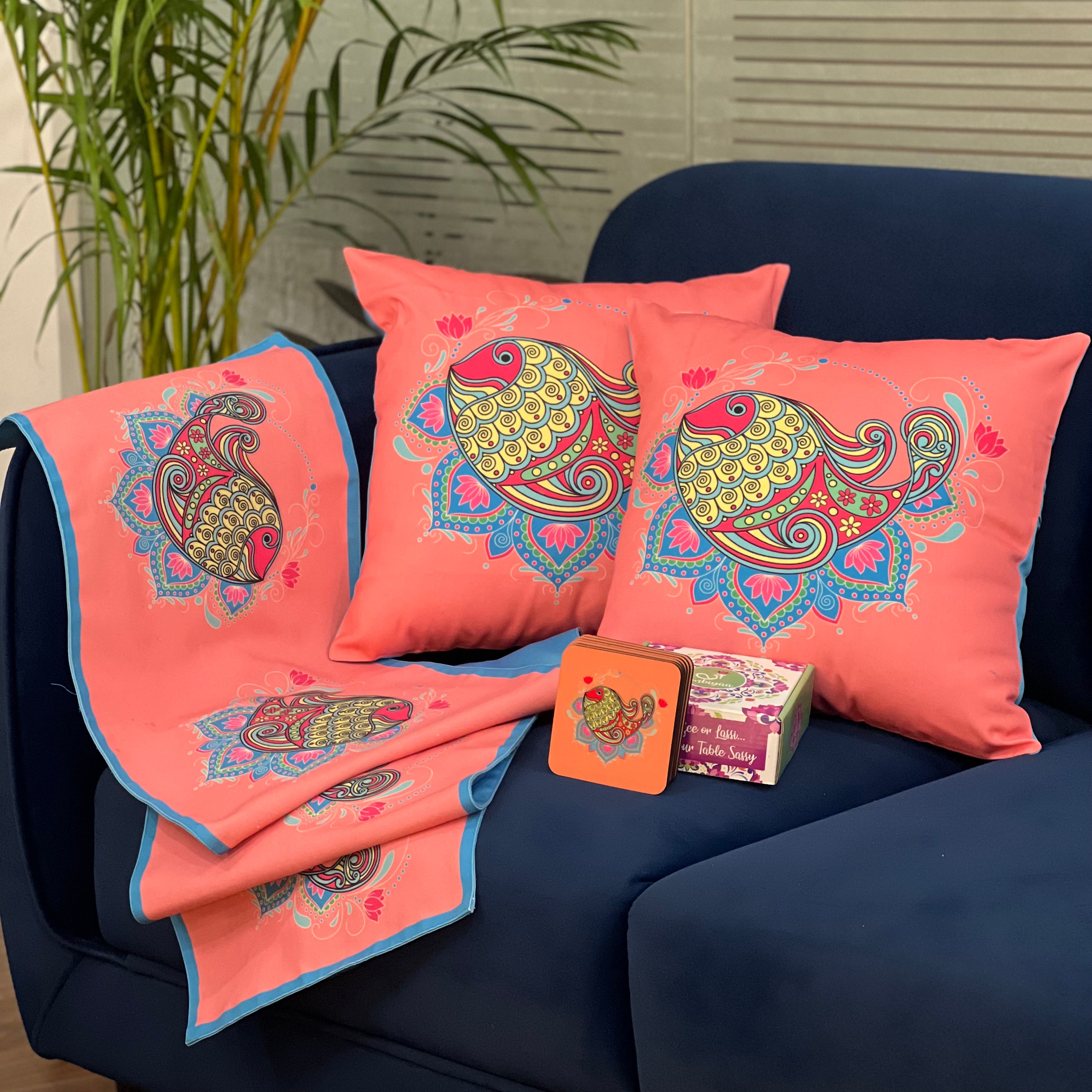 Not So Sonpapri Gift Hamper (Meen Sagar)- 2 Cushions + 1 Table Runner + Pack of 6 coasters