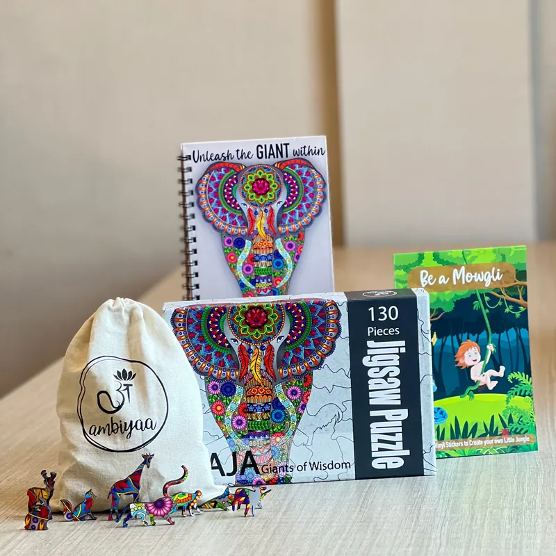 Be a Mowgli Gift Hamper (Elephant)- A3 Jigsaw Puzzle + Spiral Notebook + Jungle Stickers
