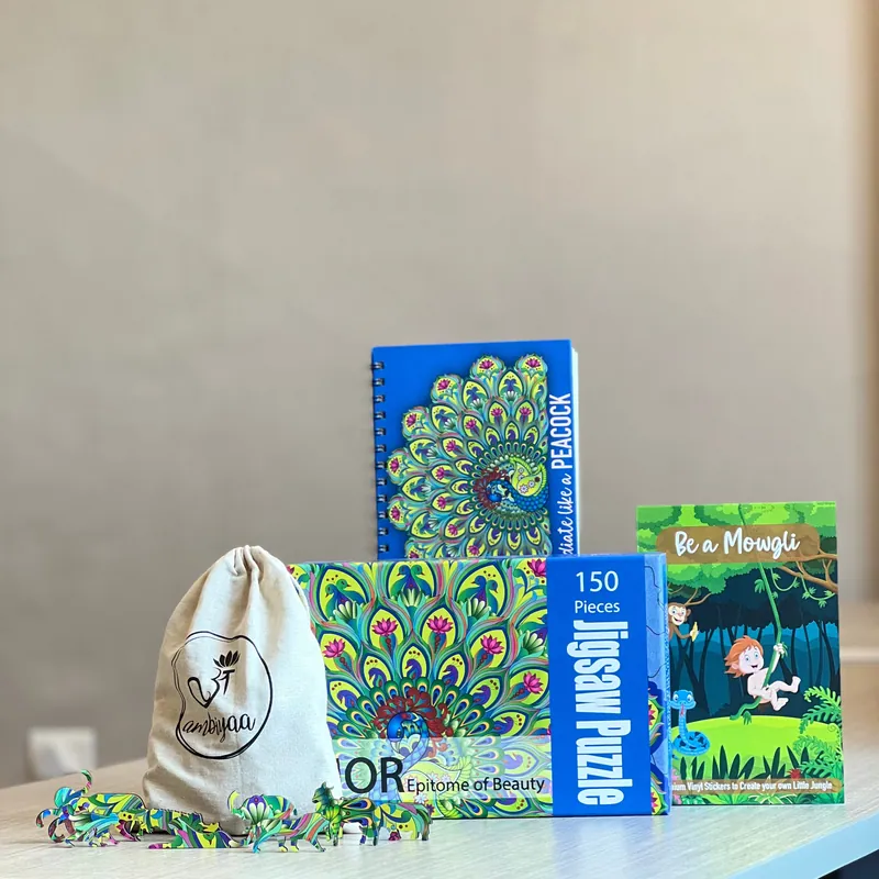 Be a Mowgli Gift Hamper (Peacock) - A3 Jigsaw Puzzle + Spiral Notebook + Jungle Stickers