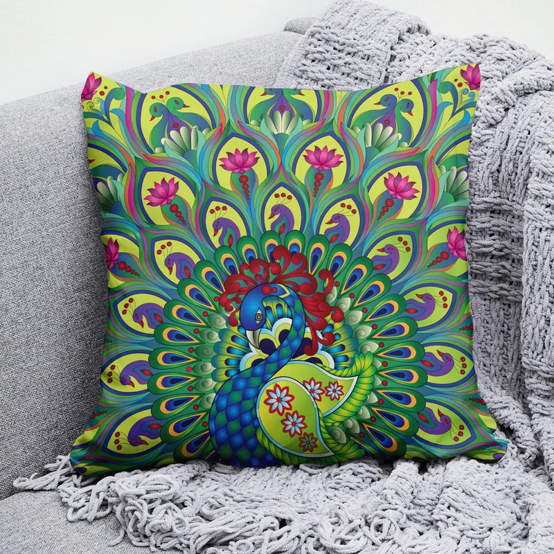 Indian Peacock Plume Cushion Cover