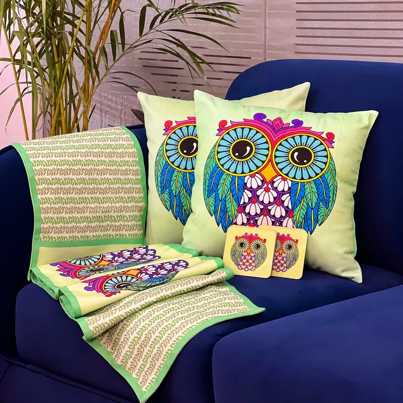 Not So Sonpapri Gift Hamper (Twit Twoo)- 2 Cushions + 1 Table Runner + Pack of 6 coasters